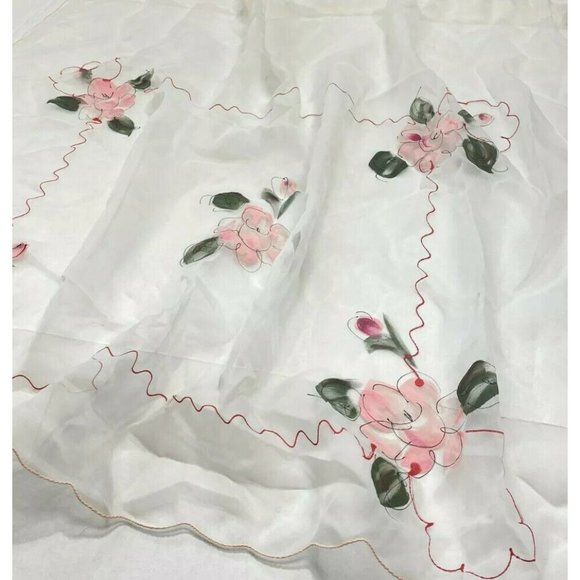 Vintage 1960s Sheer White Valances Curtains 4 Made Japan Hand Painted Pink Red - Picture 6 of 11